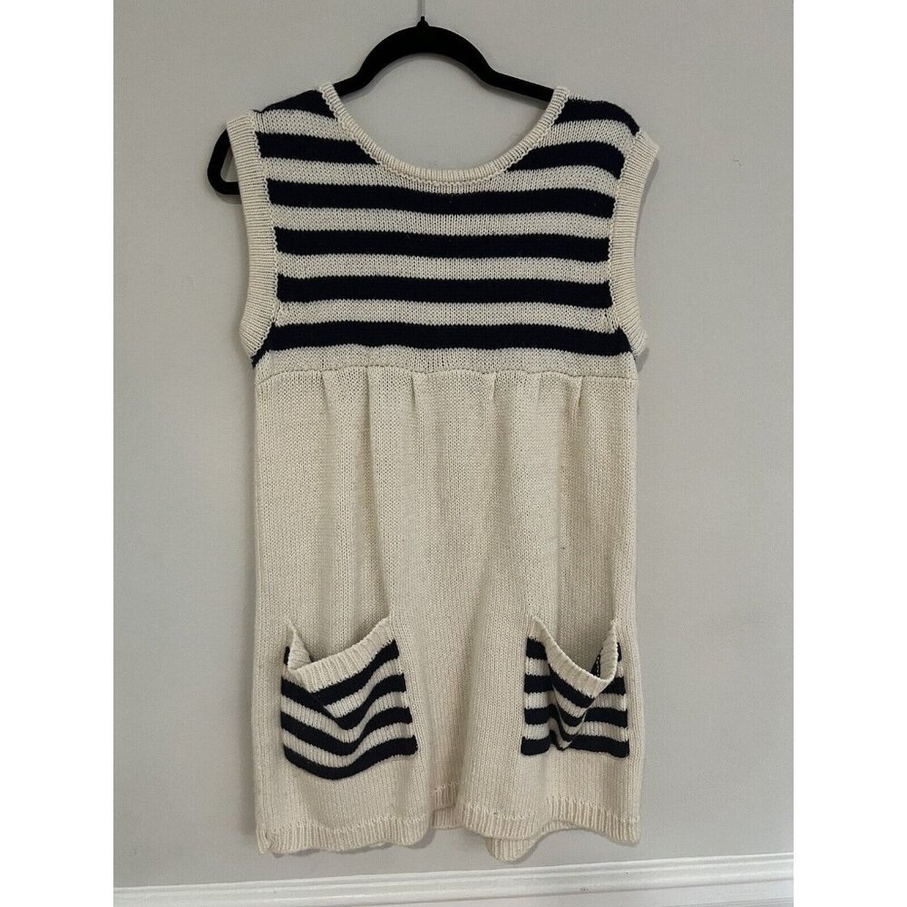 Sleeveless Sweater Dress Size Medium Knit Tunic Wool Blend White And Blue Stripe